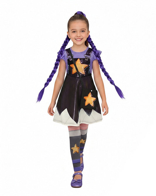 Horror Game Doll Outfit Purple Flutter Sleeves Dress Bag with Leggings for Themed Event
