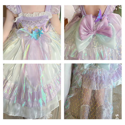 Robe de princesse multicouche pour enfants, robe de sirène d'anniversaire avec voile en tulle et nœud