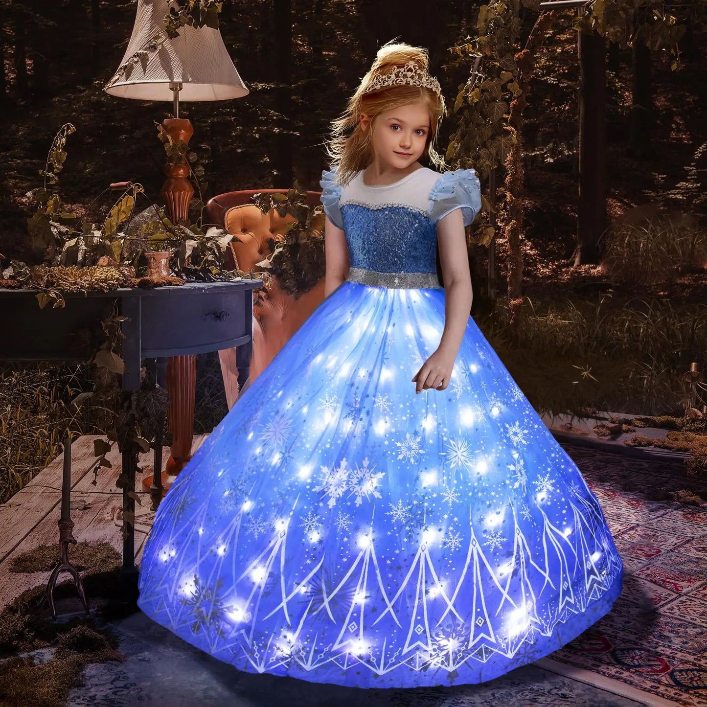 Vestido de princesa de Elsa para niñas, vestido luminoso con copo de nieve y cola, vestido de fiesta de cumpleaños