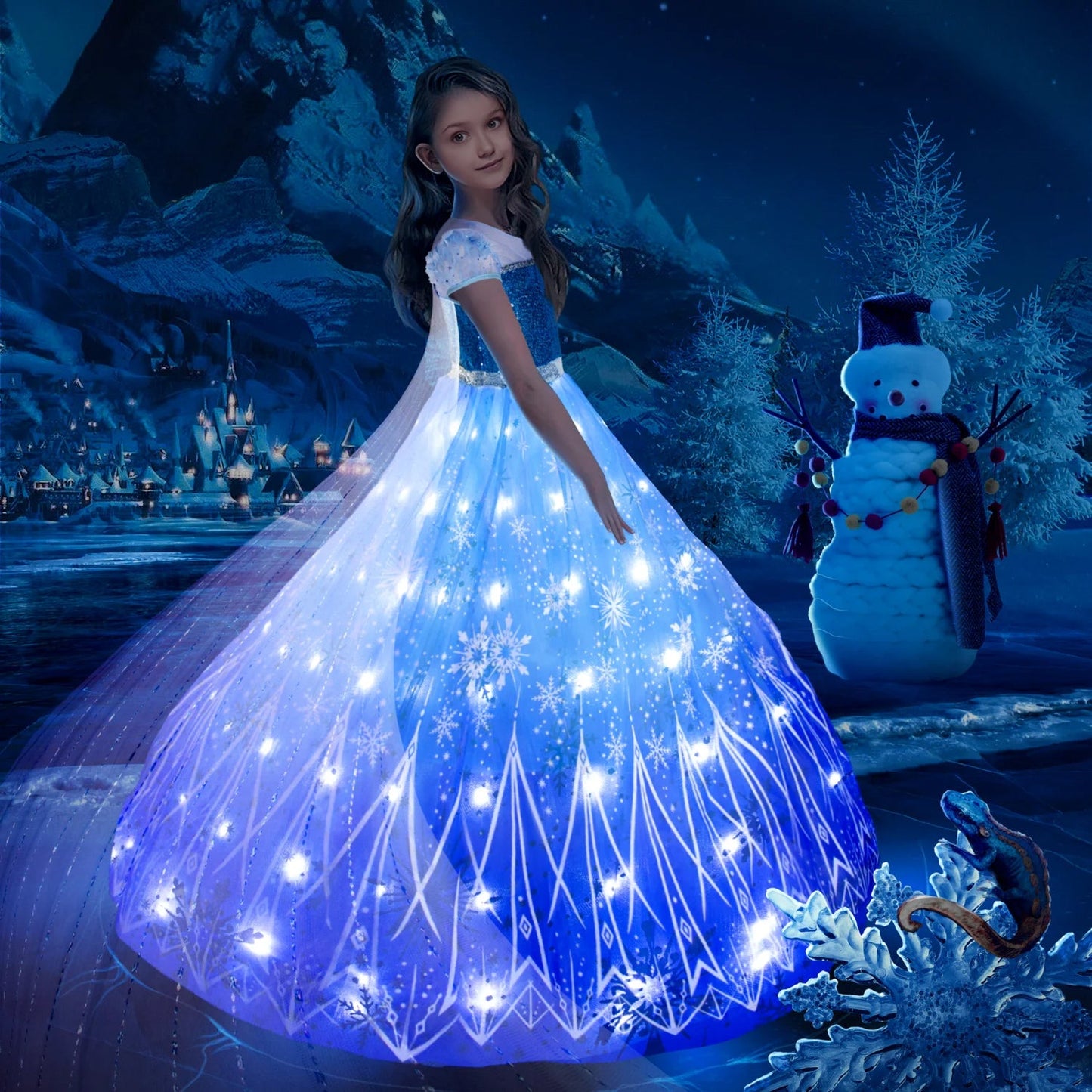 Vestido de princesa de Elsa para niñas, vestido luminoso con copo de nieve y cola, vestido de fiesta de cumpleaños