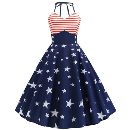 Lady's 4th Of July Dress Tie-strap Usa Stars Stripes Patriotic Dresses