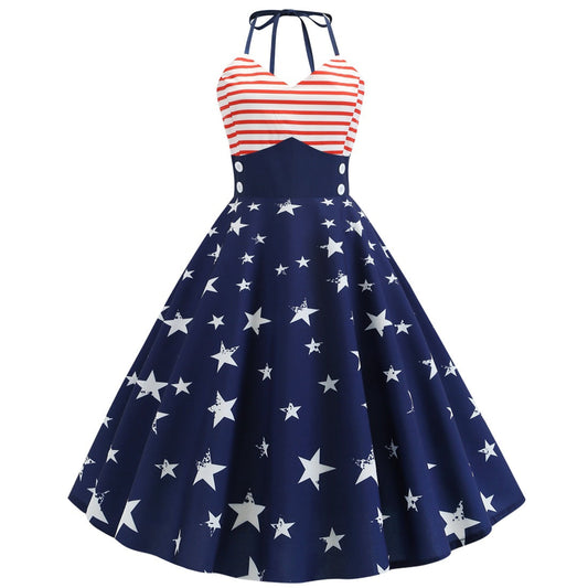 Lady's 4th Of July Dress Tie-strap Usa Stars Stripes Patriotic Dresses