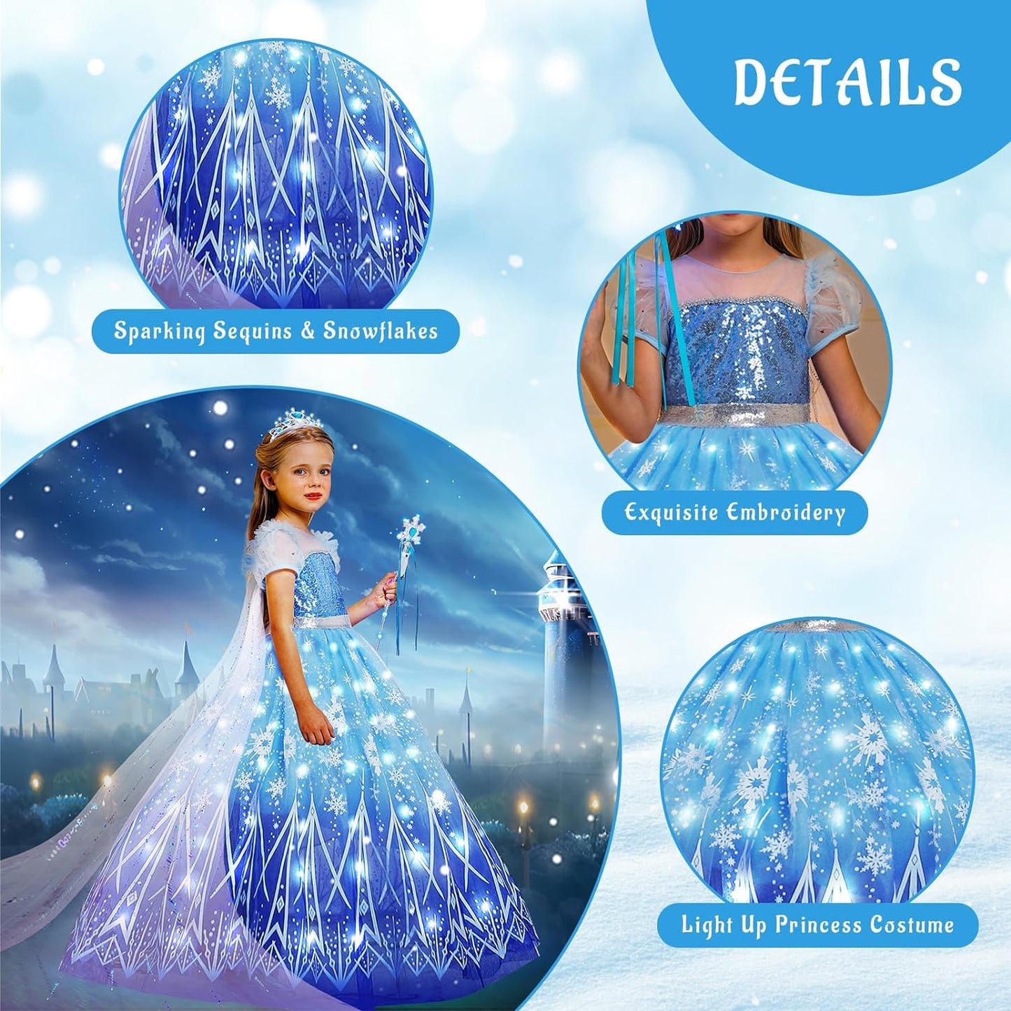 Vestido de princesa de Elsa para niñas, vestido luminoso con copo de nieve y cola, vestido de fiesta de cumpleaños