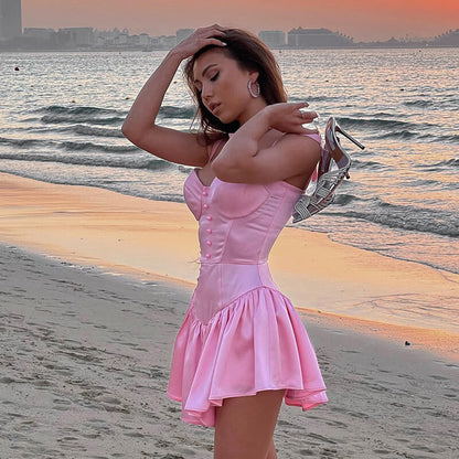 Sexy Barbie Dress Beach Vacation or Night Club Mini DressSpaghetti Straps Short Party Dress with Button