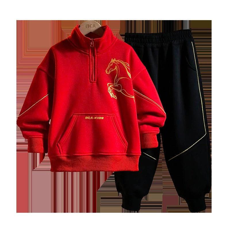 Boys Fashion Half Zipper Fleece Shirt Set with Gold Horse Print