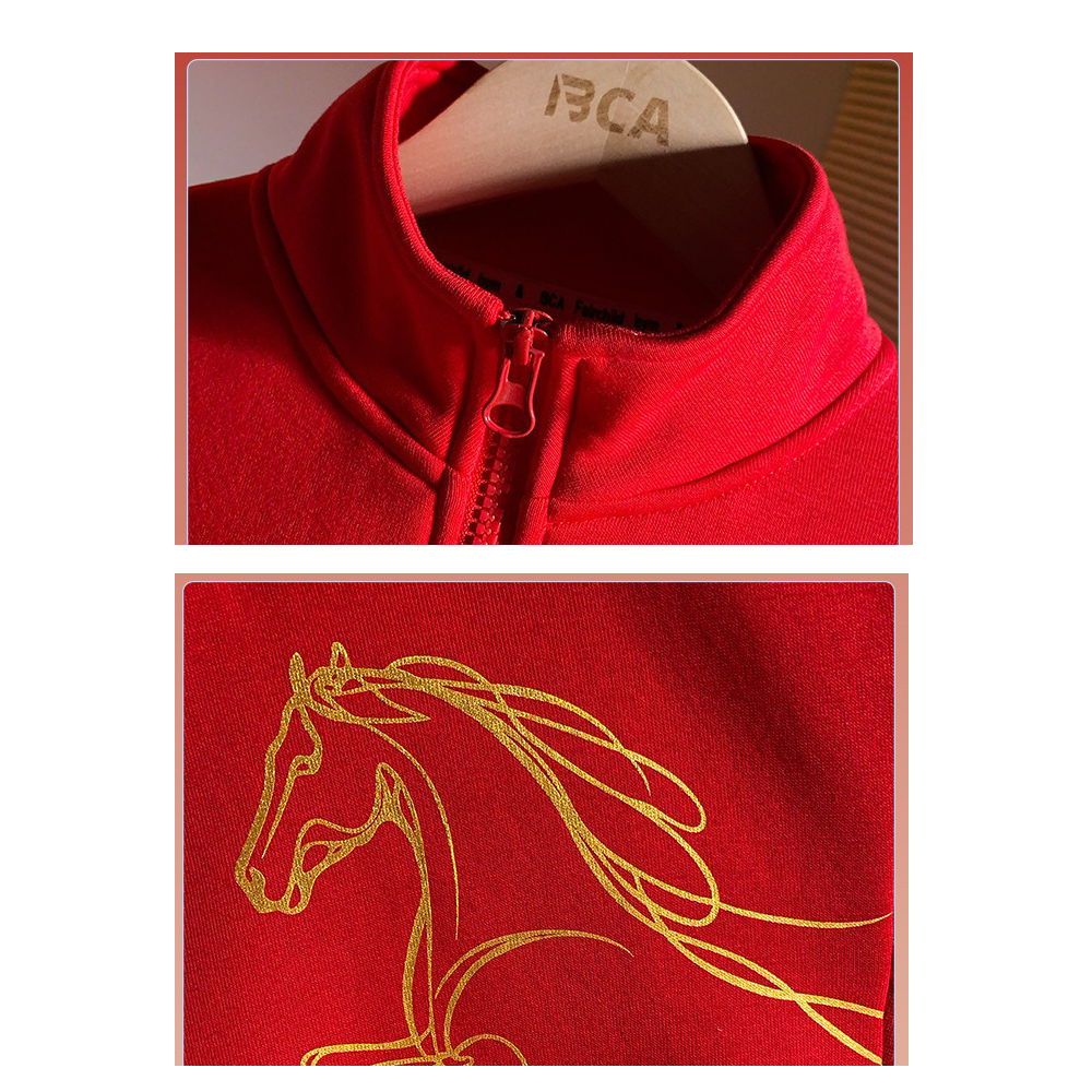 Boys Fashion Half Zipper Fleece Shirt Set with Gold Horse Print