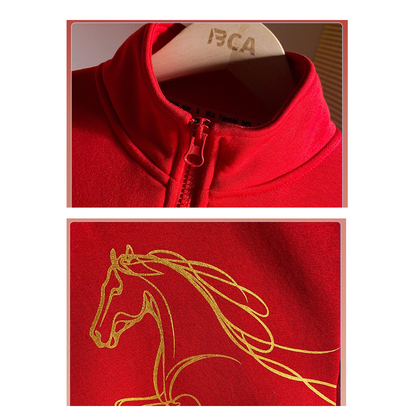 Boys Fashion Half Zipper Fleece Shirt Set with Gold Horse Print