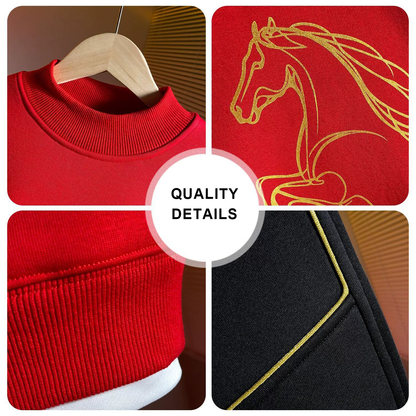Boys Fashion Half Zipper Fleece Shirt Set with Gold Horse Print