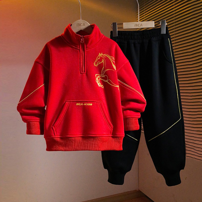 Boys Fashion Half Zipper Fleece Shirt Set with Gold Horse Print