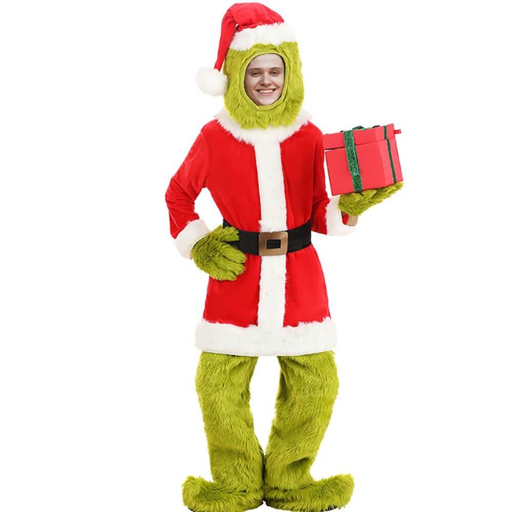 Disfraz de Monstruo Verde Navideño Niños Adultos Traje de Piel de Santa 6 Piezas Unisex Atuendo de Navidad