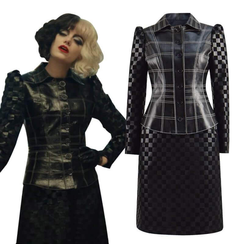 Fashion Black Costume Faux Leather Jacket and Skirt Halloween Cosplay Outfit