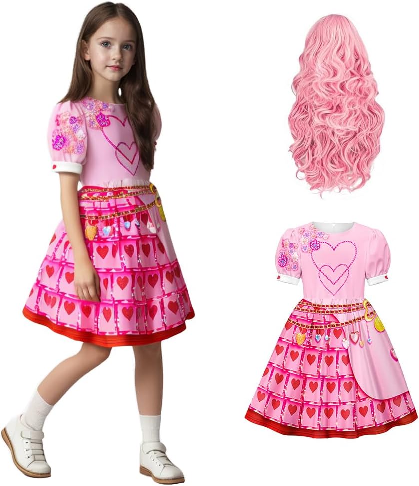 Déguisement Reine de Cœur Filles Adultes Princesse Bridget Robe Rose et Perruque pour Halloween Carnaval