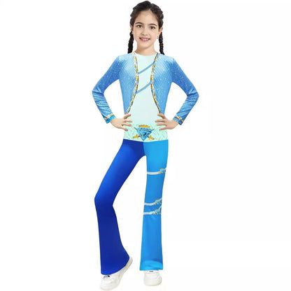 Enfants Chloé Tenue Charmante Chemise Bleue et Pantalon Évasé Costume 2 Pièces pour le Carnaval d'Halloween