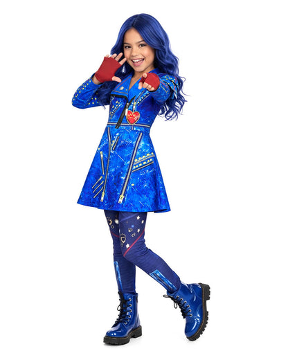 Disfraz de Evie para niñas, vestido azul y peluca, traje de cosplay para fiesta de Halloween