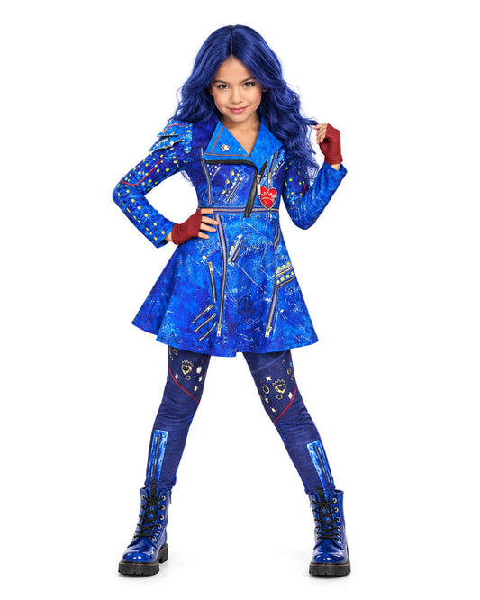 Costume de princesse Evie bleu avec perruque pour fille - Idéal pour les fêtes d'Halloween