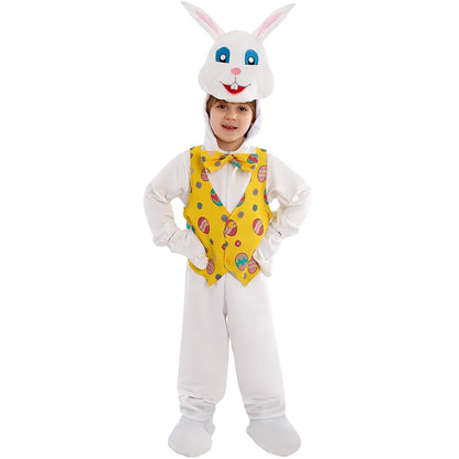 Easter Bunny Costume Kids Party Cosplay Outfit White Onesie with 3D Bunny Headgear