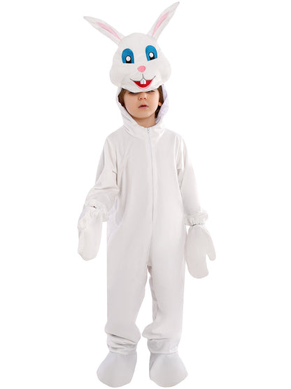 Easter Bunny Costume Kids Party Cosplay Outfit White Onesie with 3D Bunny Headgear