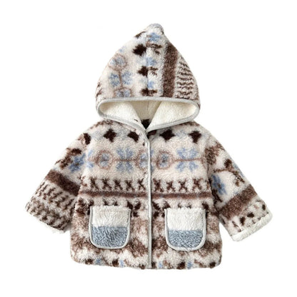 Girls Warm Thick Outerwear Fleece Hooded Coat with Cute Two Pockets At the Front
