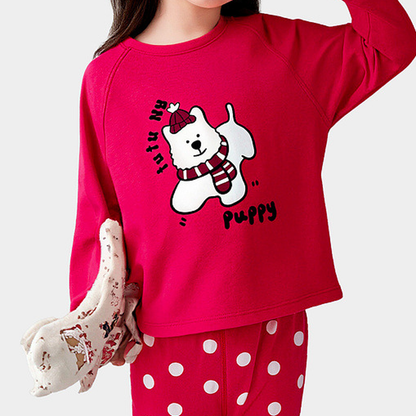 Cute Girls Warm Pajama Set Puppy Top and Polka Dot Pants Cozy Kids Red Loungewear