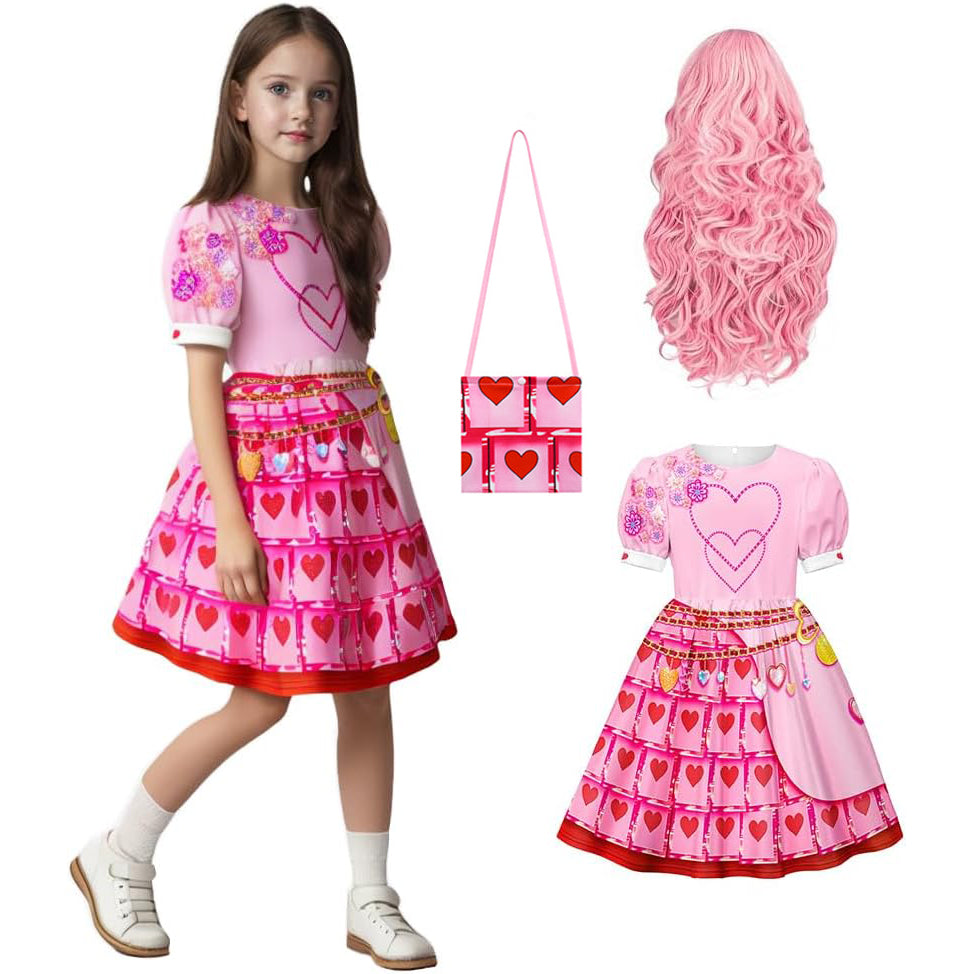 Déguisement Reine de Cœur Filles Adultes Princesse Bridget Robe Rose et Perruque pour Halloween Carnaval