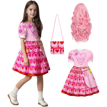 Déguisement Reine de Cœur Filles Adultes Princesse Bridget Robe Rose et Perruque pour Halloween Carnaval