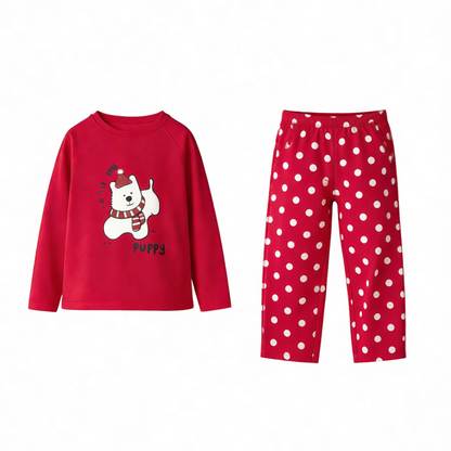 Cute Girls Warm Pajama Set Puppy Top and Polka Dot Pants Cozy Kids Red Loungewear