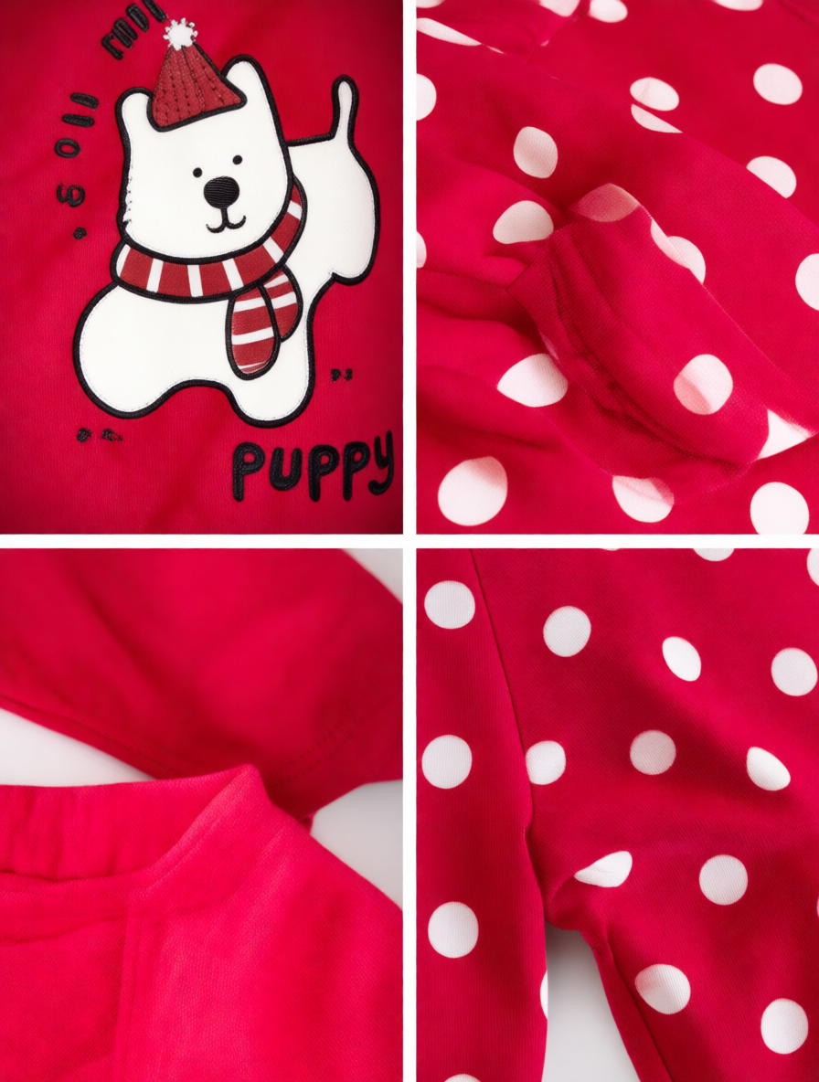 Cute Girls Warm Pajama Set Puppy Top and Polka Dot Pants Cozy Kids Red Loungewear