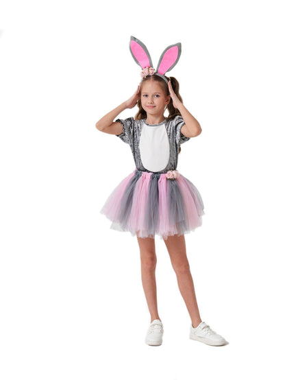 Girls Bunny Costume Kids Easter Grey Rabbit Tutu Dress and Headband