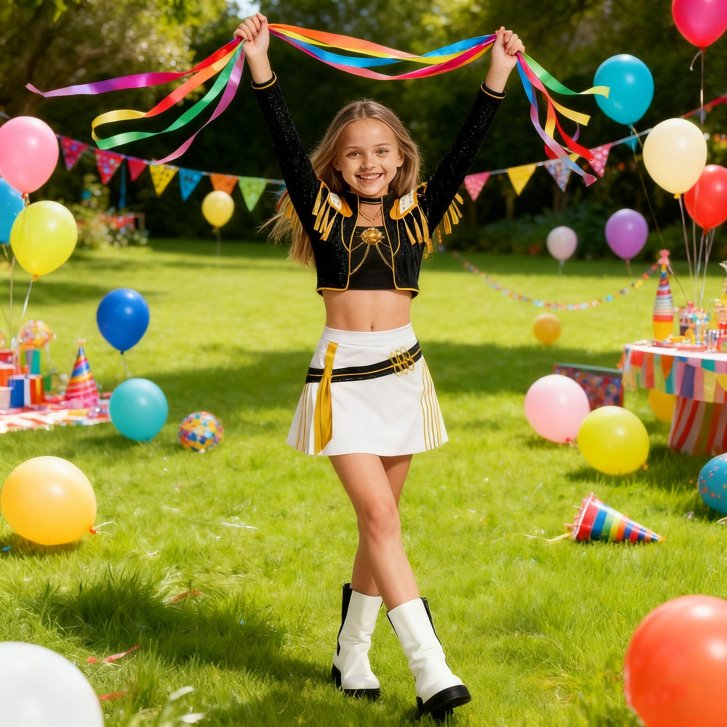 K-Pop Stage Performance Outfit Black & Gold Fringed Crop Top with White Skirt