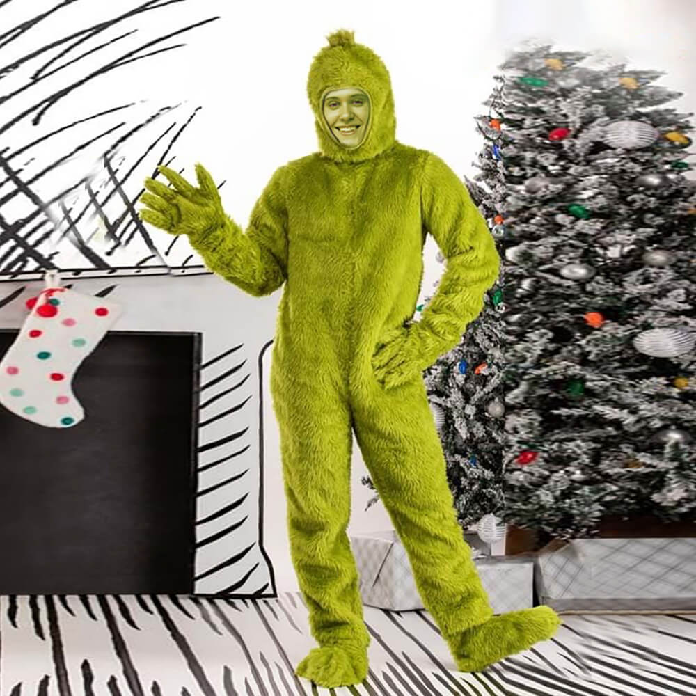 Costume de Monstre Vert Combinaison à Capuche en Fourrure de Noël Gants et Couvre-Chaussures pour Enfants et Adultes