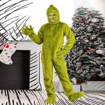 Costume de Monstre Vert Combinaison à Capuche en Fourrure de Noël Gants et Couvre-Chaussures pour Enfants et Adultes