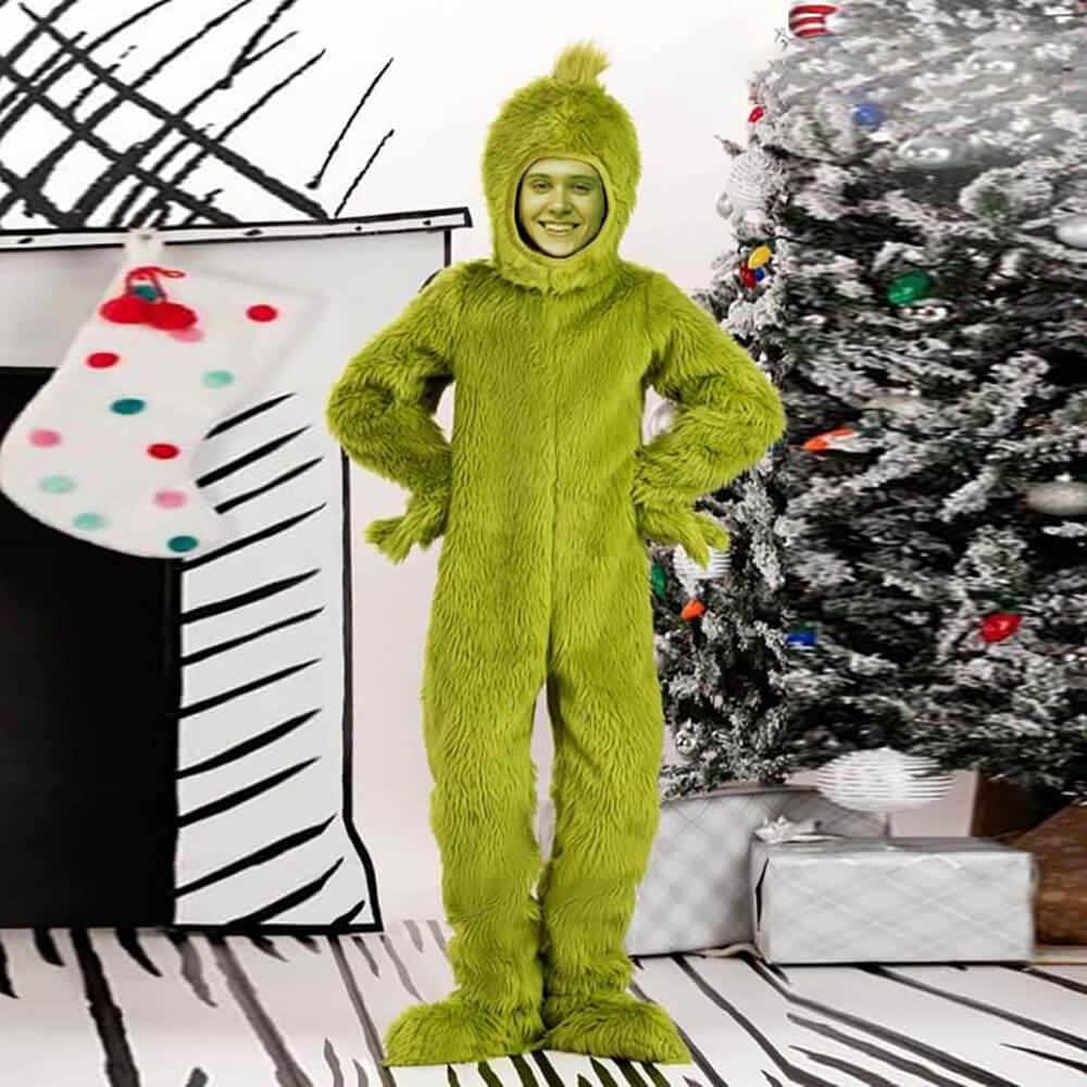 Costume de Monstre Vert Combinaison à Capuche en Fourrure de Noël Gants et Couvre-Chaussures pour Enfants et Adultes