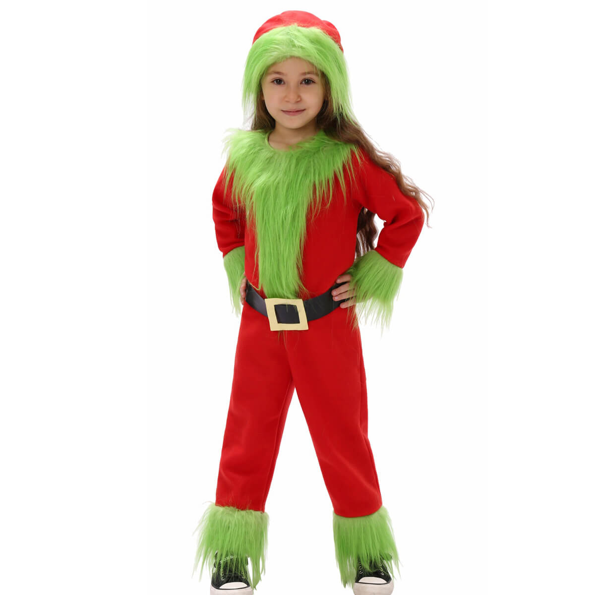 Disfraz de Monstruo Verde de Papá Noel para Niños, Traje de Navidad Peludo con Capucha para Niños y Niñas