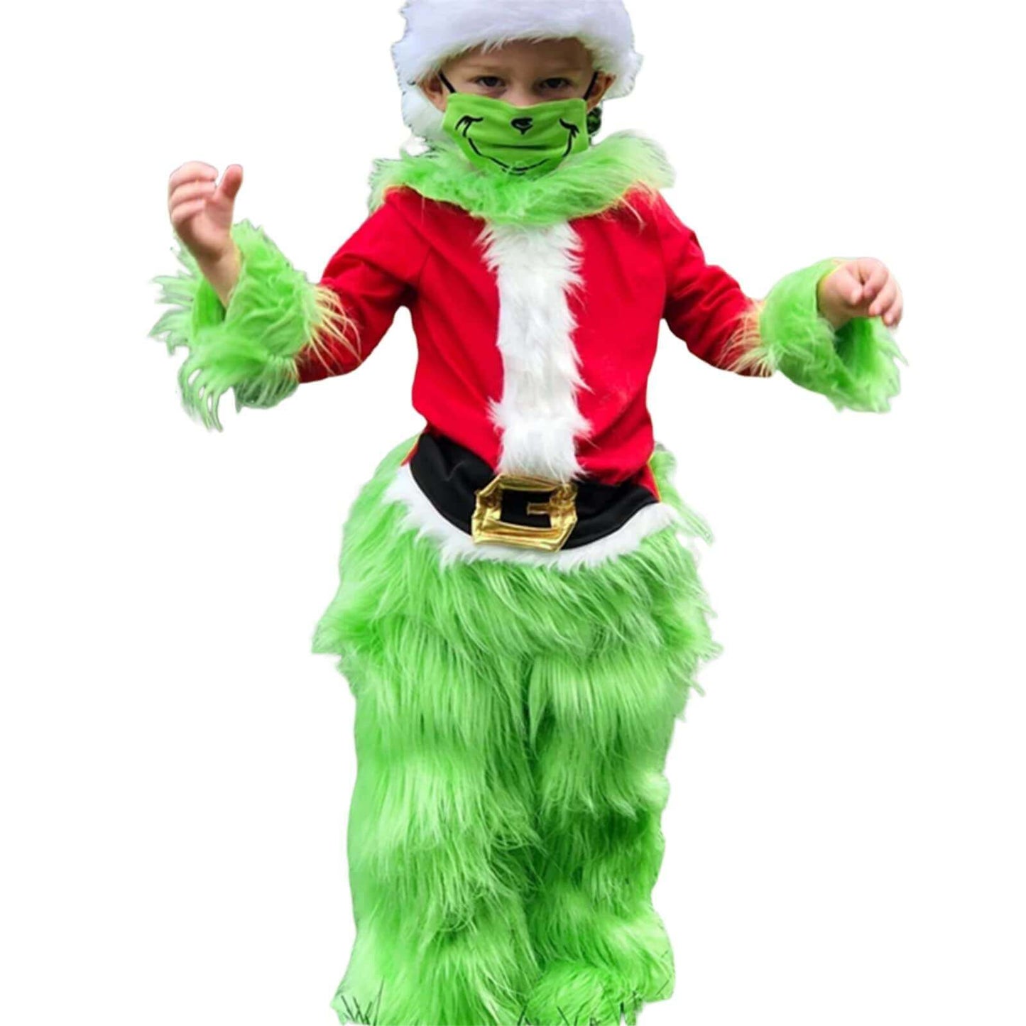 Disfraz de Monstruo Verde de Papá Noel para Niños, Traje de Navidad Peludo con Capucha para Niños y Niñas