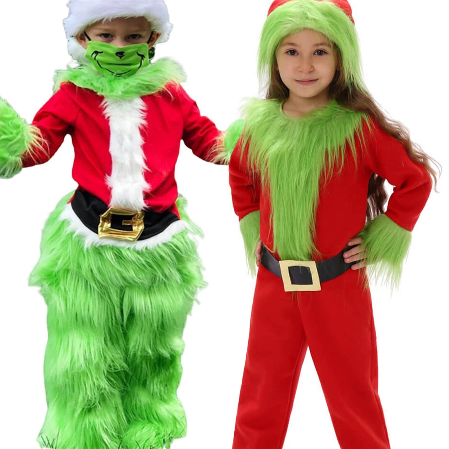 Disfraz de Monstruo Verde de Papá Noel para Niños, Traje de Navidad Peludo con Capucha para Niños y Niñas