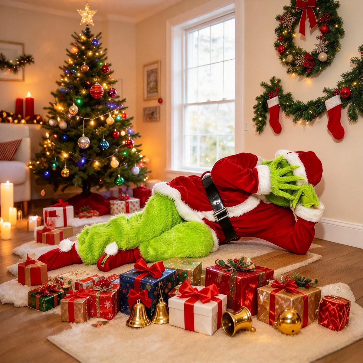 Adult Green Monster Santa Costume Deluxe Furry Christmas Cosplay Outfit Set Xmas Fancy Santa Suit