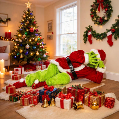 Adult Green Monster Santa Costume Deluxe Furry Christmas Cosplay Outfit Set Xmas Fancy Santa Suit