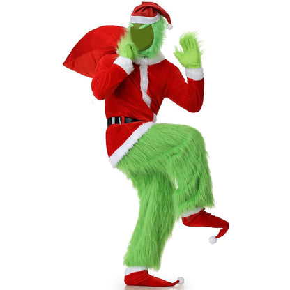 Adult Green Monster Santa Costume Deluxe Furry Christmas Cosplay Outfit Set Xmas Fancy Santa Suit
