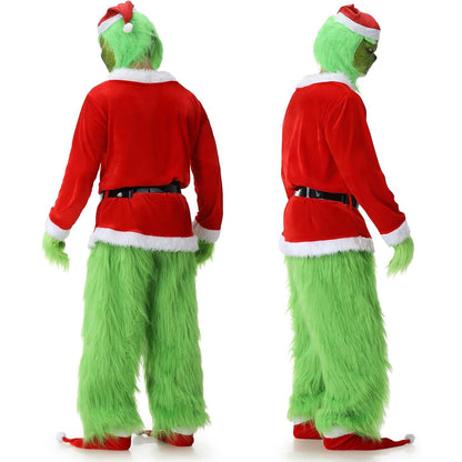 Adult Green Monster Santa Costume Deluxe Furry Christmas Cosplay Outfit Set Xmas Fancy Santa Suit