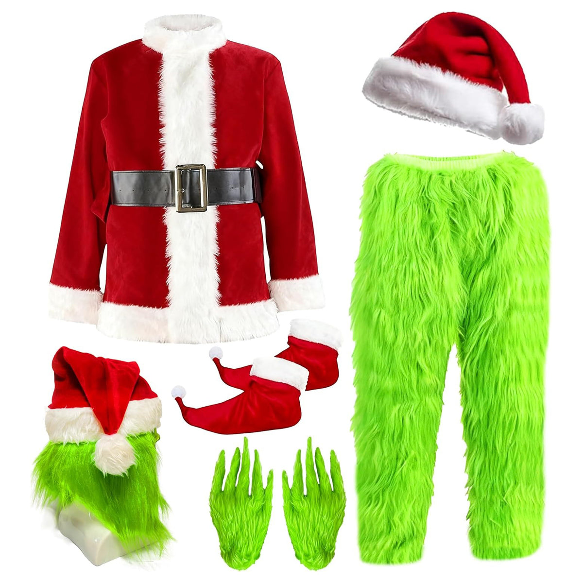 Adult Green Monster Santa Costume Deluxe Furry Christmas Cosplay Outfit Set Xmas Fancy Santa Suit