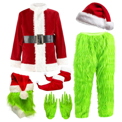 Adult Green Monster Santa Costume Deluxe Furry Christmas Cosplay Outfit Set Xmas Fancy Santa Suit