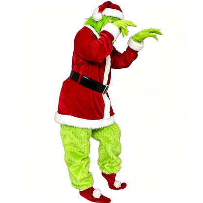Adult Green Monster Santa Costume Deluxe Furry Christmas Cosplay Outfit Set Xmas Fancy Santa Suit