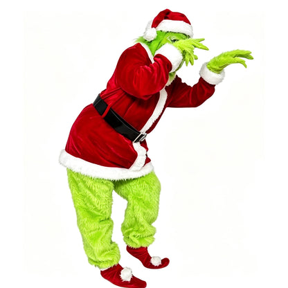 Adult Green Monster Santa Costume Deluxe Furry Christmas Cosplay Outfit Set Xmas Fancy Santa Suit