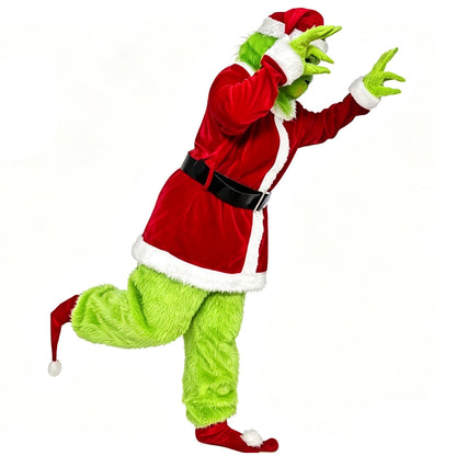 Adult Green Monster Santa Costume Deluxe Furry Christmas Cosplay Outfit Set Xmas Fancy Santa Suit