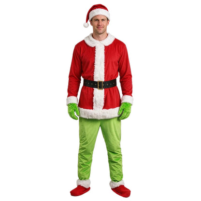 Costume de Monstre Vert Combinaison à Capuche en Fourrure de Noël Gants et Couvre-Chaussures pour Enfants et Adultes