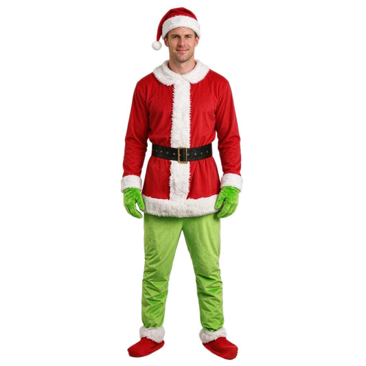 Disfraz de Monstruo Verde de Navidad, Mono con Capucha Peluda, Guantes y Cubrezapatos para Niños y Adultos