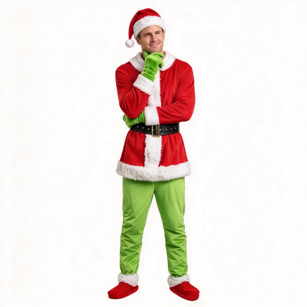 Costume de Monstre Vert Combinaison à Capuche en Fourrure de Noël Gants et Couvre-Chaussures pour Enfants et Adultes