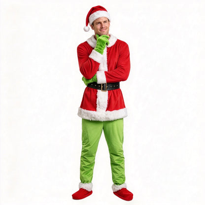 Costume de Monstre Vert Combinaison à Capuche en Fourrure de Noël Gants et Couvre-Chaussures pour Enfants et Adultes