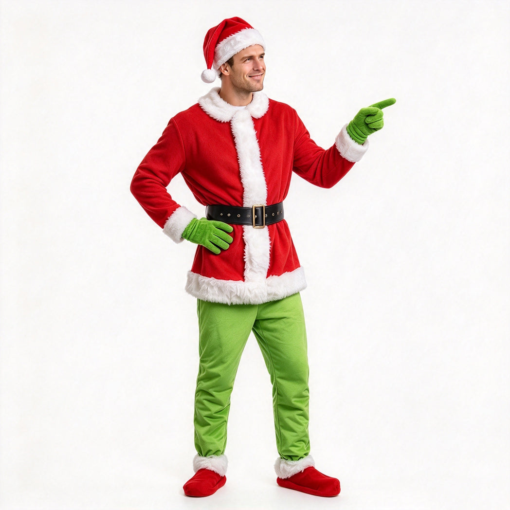 Costume de Monstre Vert Combinaison à Capuche en Fourrure de Noël Gants et Couvre-Chaussures pour Enfants et Adultes