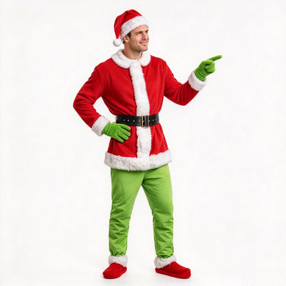 Costume de Monstre Vert Combinaison à Capuche en Fourrure de Noël Gants et Couvre-Chaussures pour Enfants et Adultes